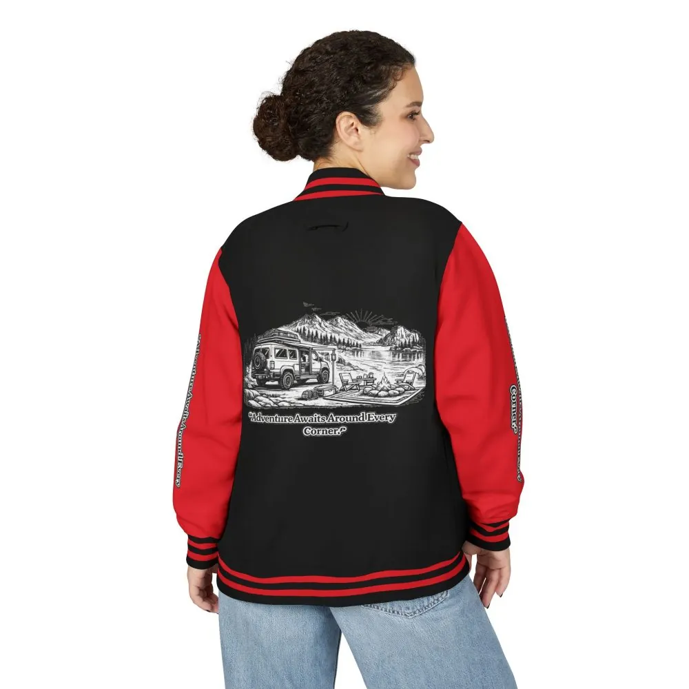 3290134519742216050_2048.jpeg Unisex Heavyweight Letterman Jacket — "Adventure Awaits Around Every Corner" Travel Varsity Coat