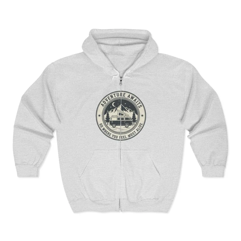3296844813944822547_2048.jpeg Zip Hoodie — "Adventure Awaits-Go Where You Feel Most Alive" (Only Front Printed) Camper Van Adventure Zip-Up