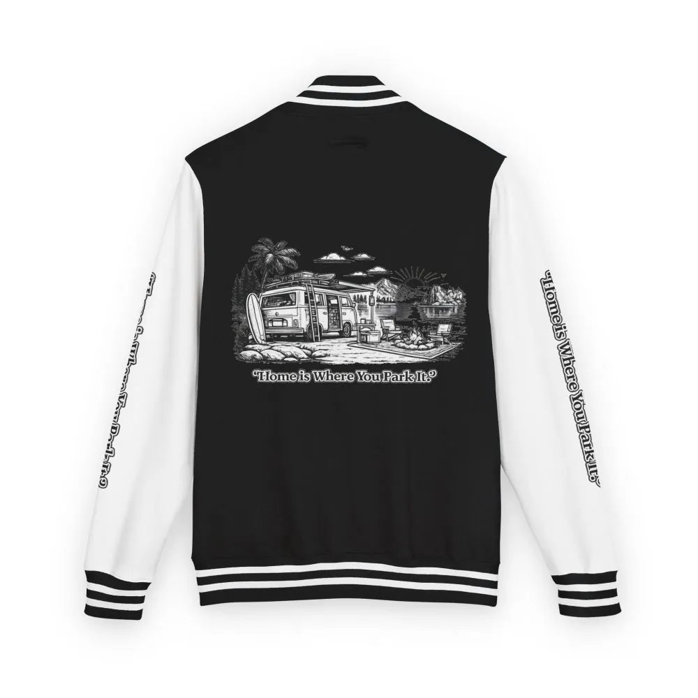 3313944697069435933_2048.jpeg Unisex Heavyweight Letterman Jacket — "Home Is Where You Park It" Travel Varsity Coat
