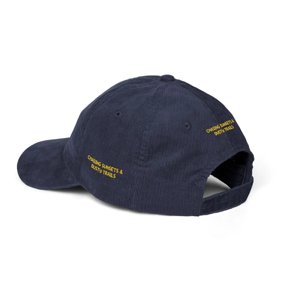 Vintage Corduroy Cap (Embroidery) — "Chasing Sunsets & Dusty Trails" Embroidered Hat