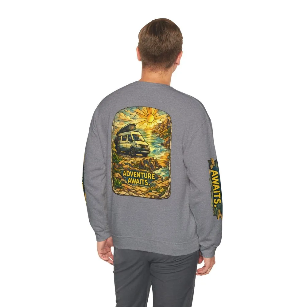 Unisex Heavy Blend™ Crewneck Sweatshirt — "Adventure Awaits" Design Cubic-Line