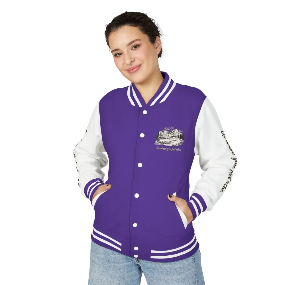 3385222181496838762_2048.jpeg Unisex Heavyweight Letterman Jacket — "Go Where You Feel Alive" Travel Varsity Coat