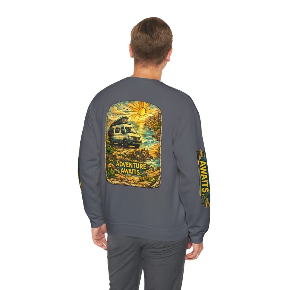 Unisex Heavy Blend™ Crewneck Sweatshirt — "Adventure Awaits" Design Cubic-Line