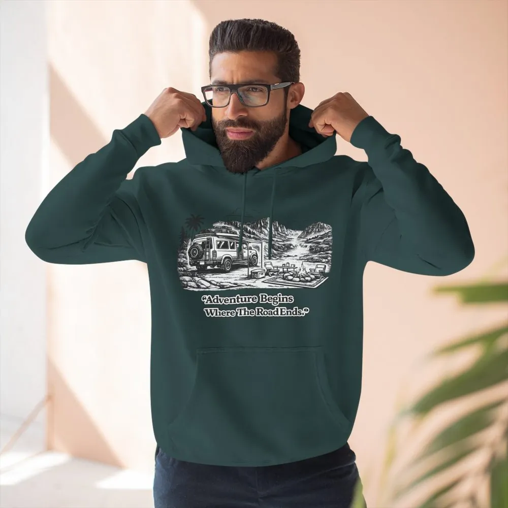 Three-Panel Fleece Hoodie - "Adventure Begins Where The Road Ends" Design Minimal-Line