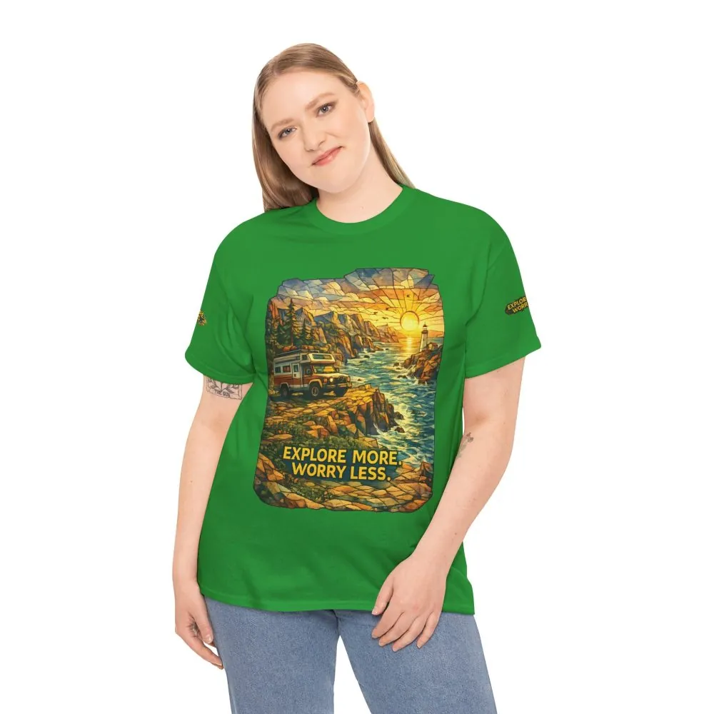 Unisex Heavy Cotton Tee — "Explore More Worry Less" Design Cubic-Line