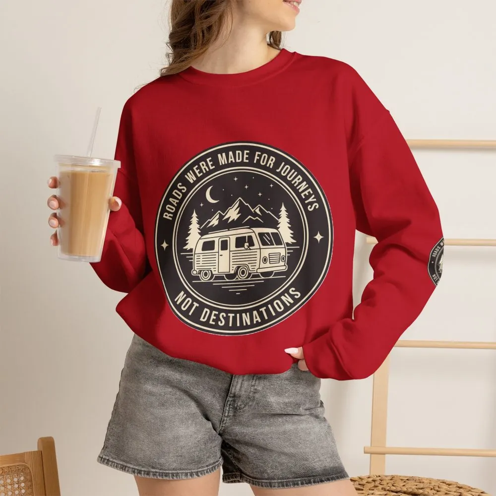 3567423306499318031_2048.jpeg Crewneck Sweatshirt — "ROAD WHERE MADE FOR JOURNEYS-NOT DESTINATIONS" (Font + Back + Sleaves printed) Vintage Camper Van Outdoor Graphic