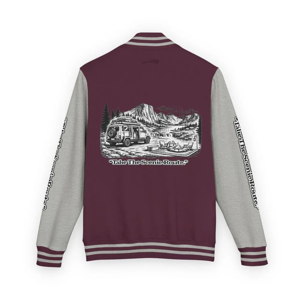 3567926347451702754_2048.jpeg Unisex Heavyweight Letterman Jacket — "Take The Scenic Route" Travel Varsity Coat