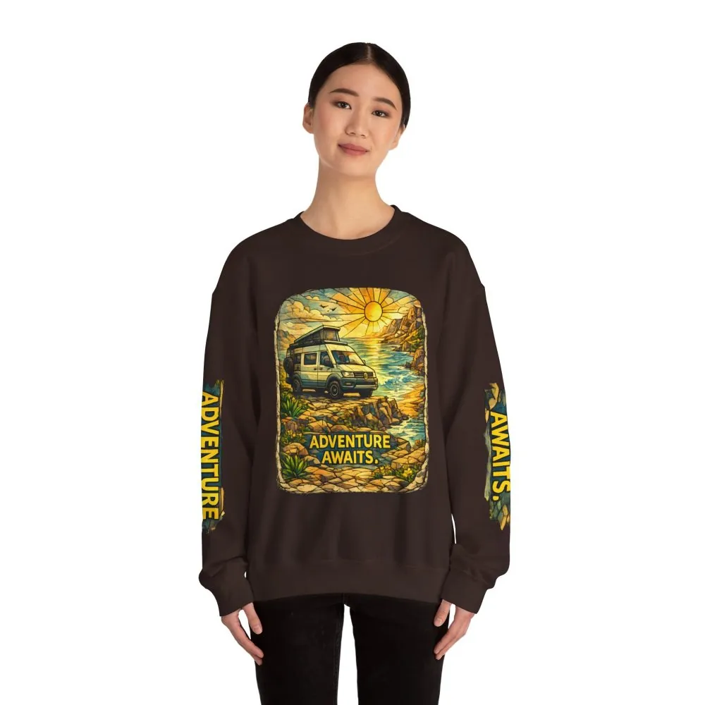 Unisex Heavy Blend™ Crewneck Sweatshirt — "Adventure Awaits" Design Cubic-Line