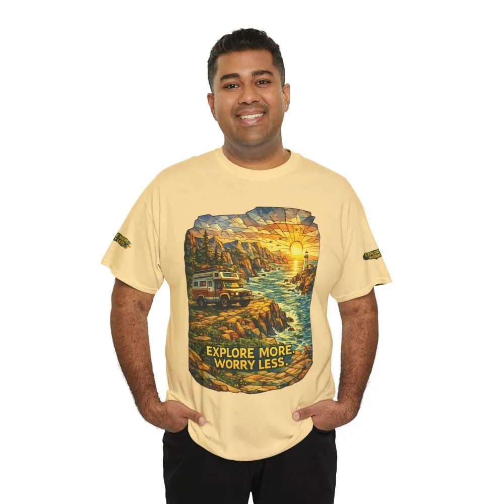 358112363781109388_2048.jpeg Unisex Heavy Cotton Tee — "Explore More Worry Less" Design Cubic-Line