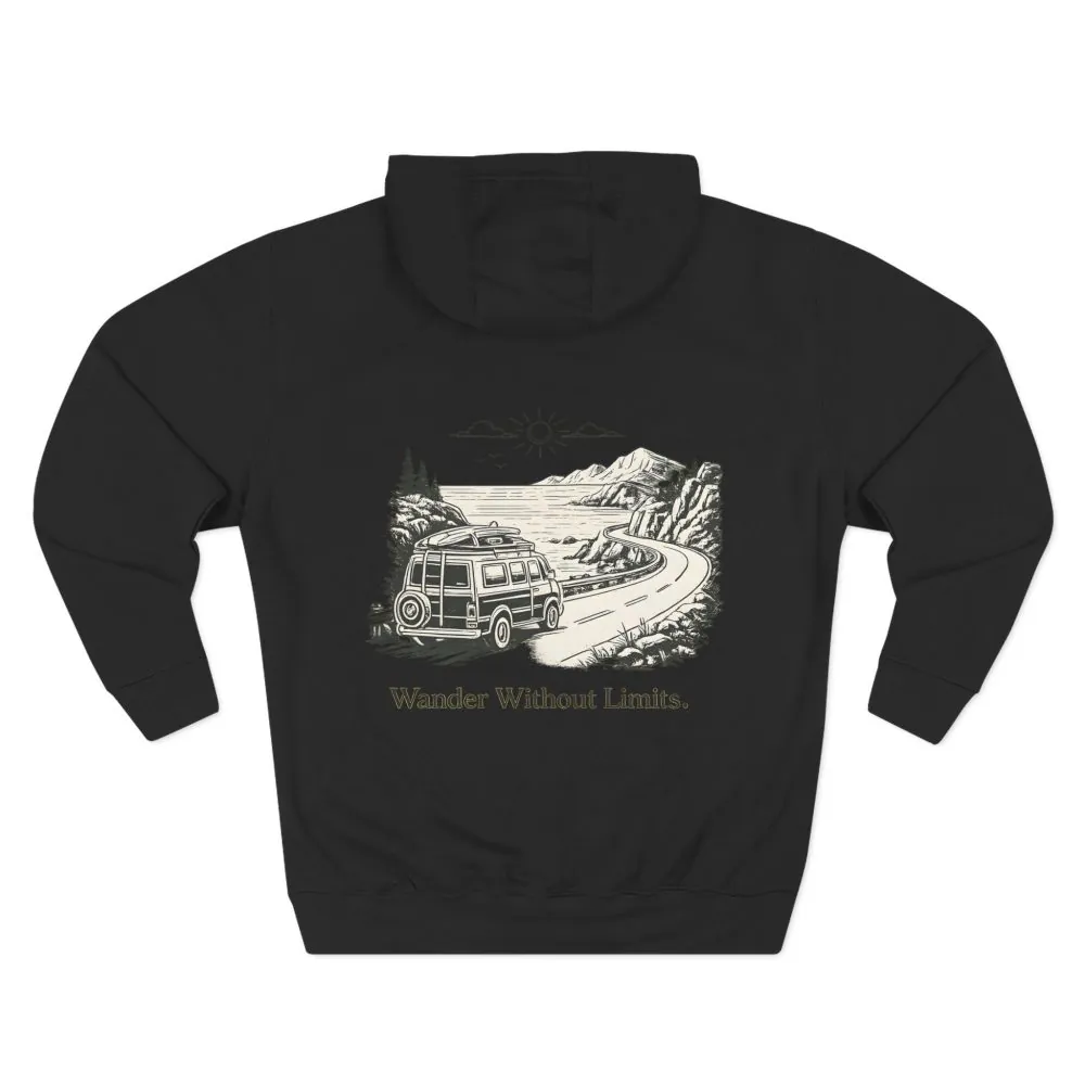 Three-Panel Fleece Hoodie - "Wander Without Limits" Design Minimal-Line