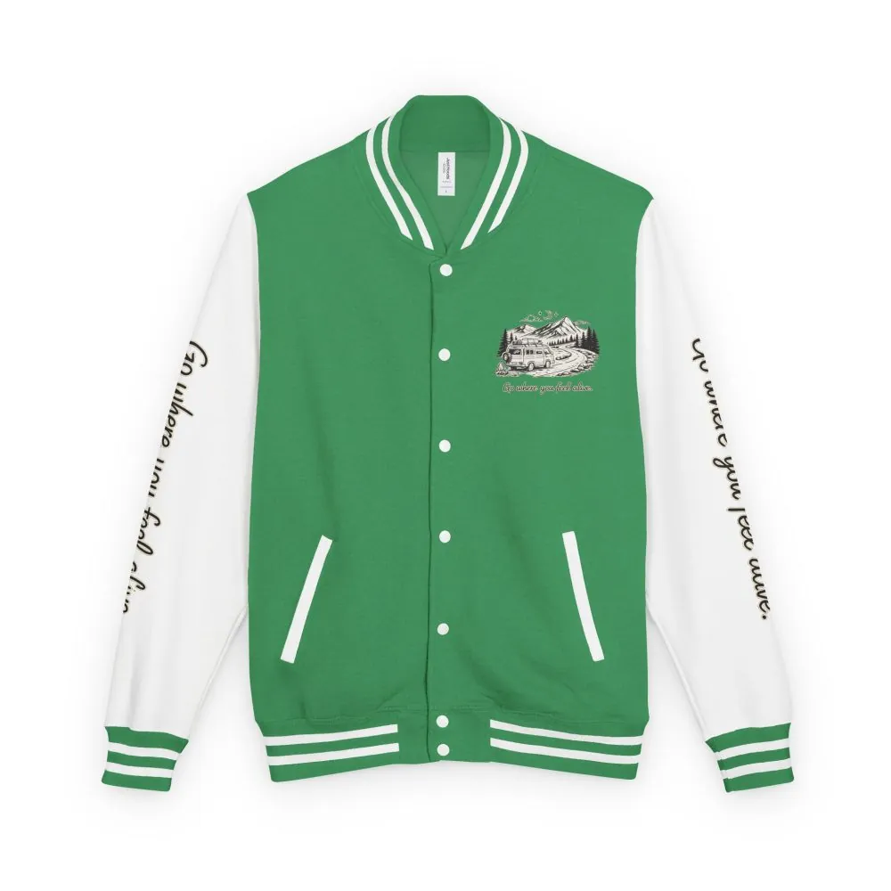 3594419270630779451_2048.jpeg Unisex Heavyweight Letterman Jacket — "Go Where You Feel Alive" Travel Varsity Coat