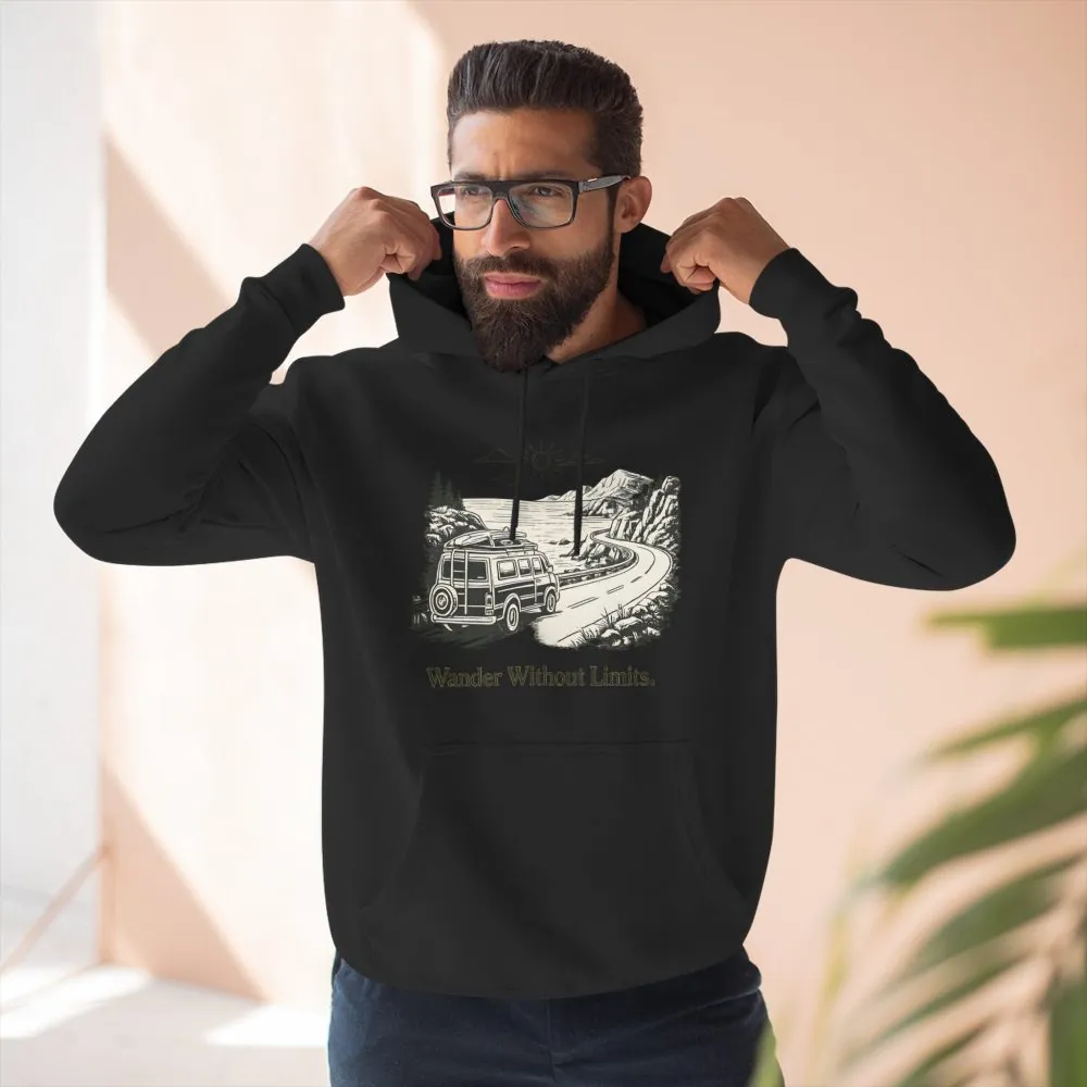 Three-Panel Fleece Hoodie - "Wander Without Limits" Design Minimal-Line