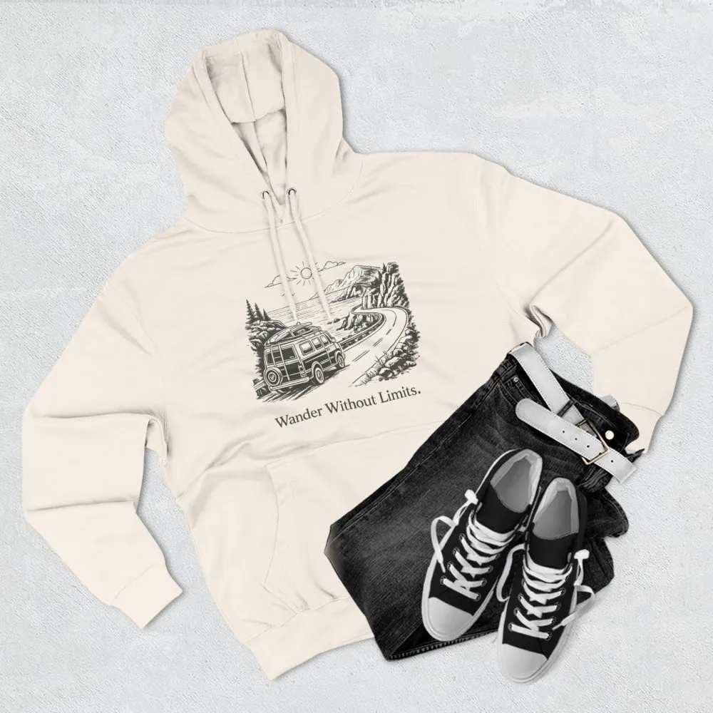 Three-Panel Fleece Hoodie - "Wander Without Limits" Design Minimal-Line