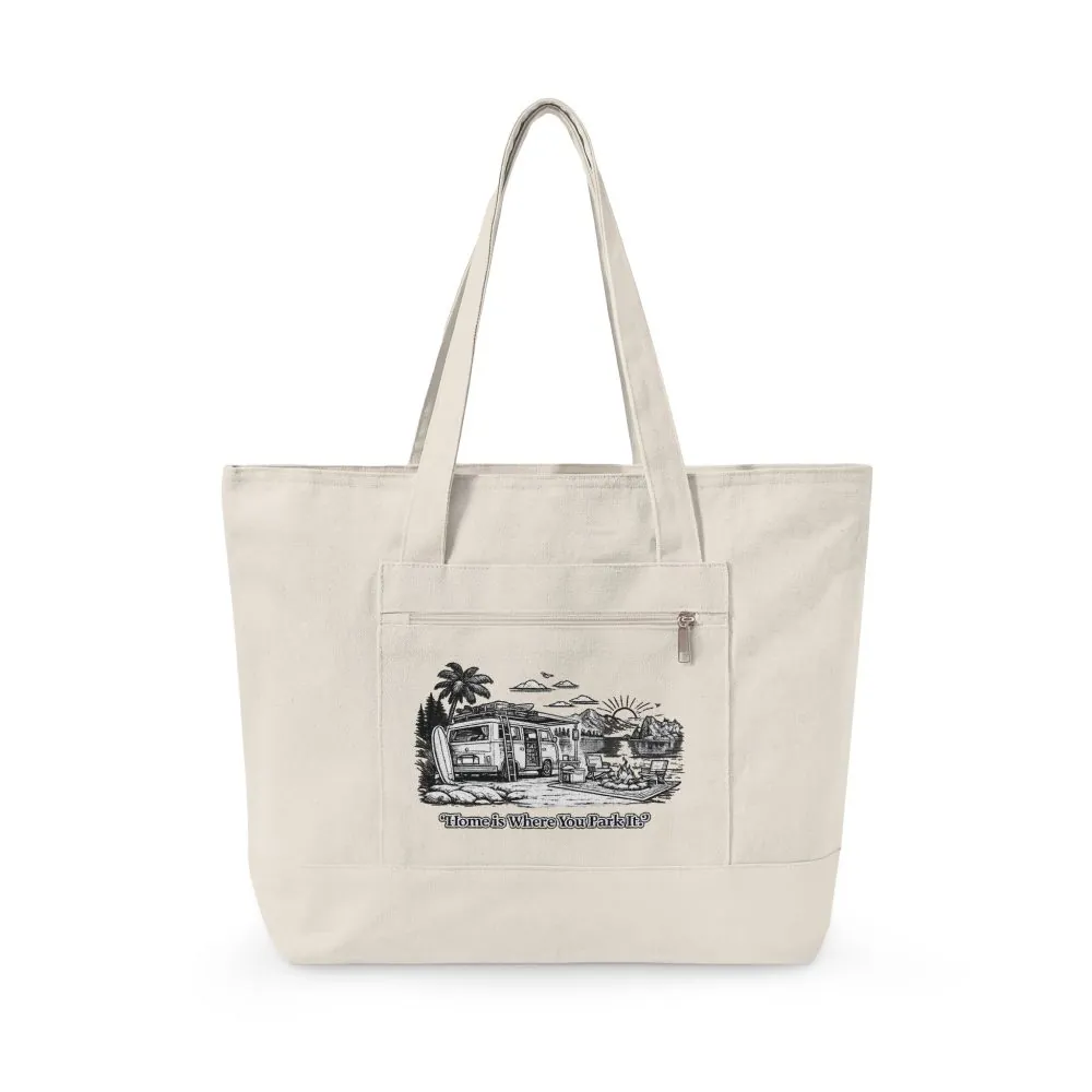 Zippered Canvas Tote — "Adventure Is Where You park It" (Design Minimal-Line)