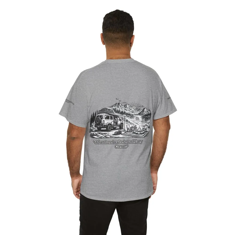 3683514470080057683_2048.jpeg Unisex Heavy Cotton Tee — "Adventure Awaits Around Every Corner" Design Minimal-Line