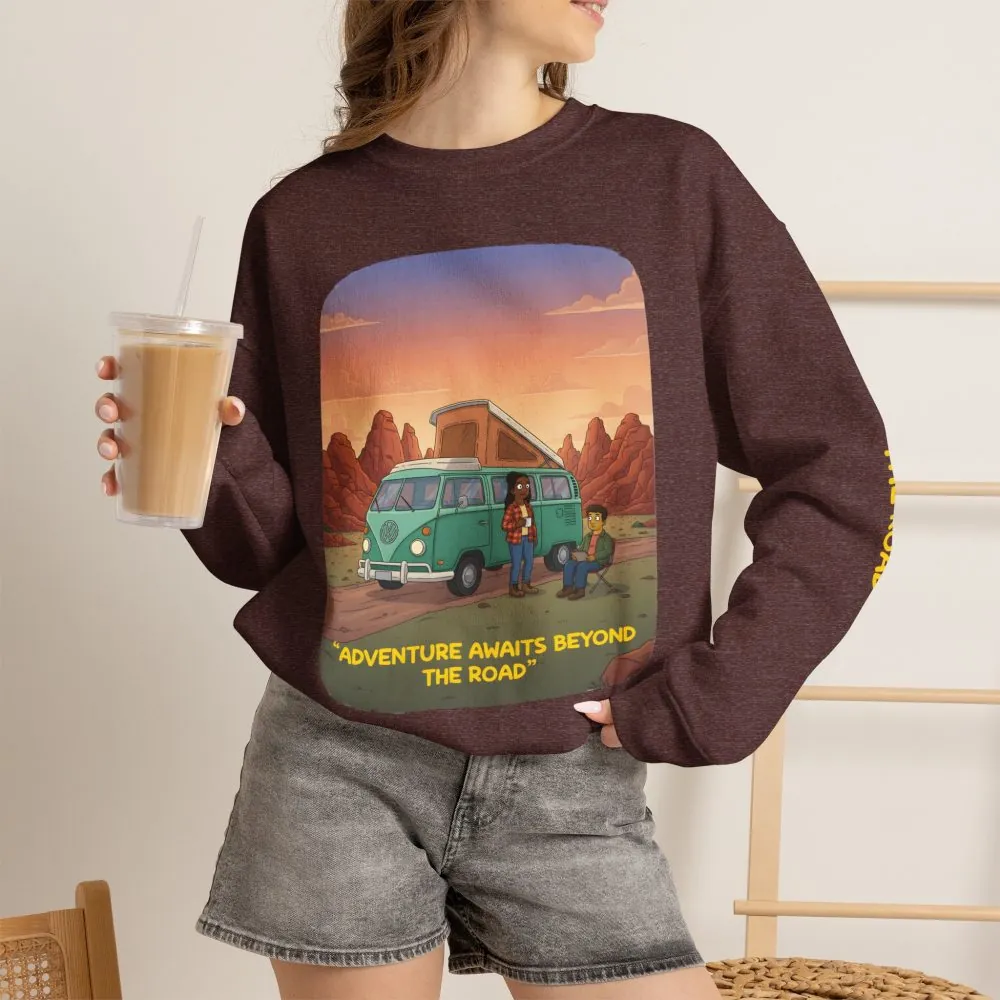 3695156394425049789_2048.jpeg Unisex Heavy Blend™ Crewneck Sweatshirt — "Adventure Awaits Beyond The Road" Design Sitcom-Line