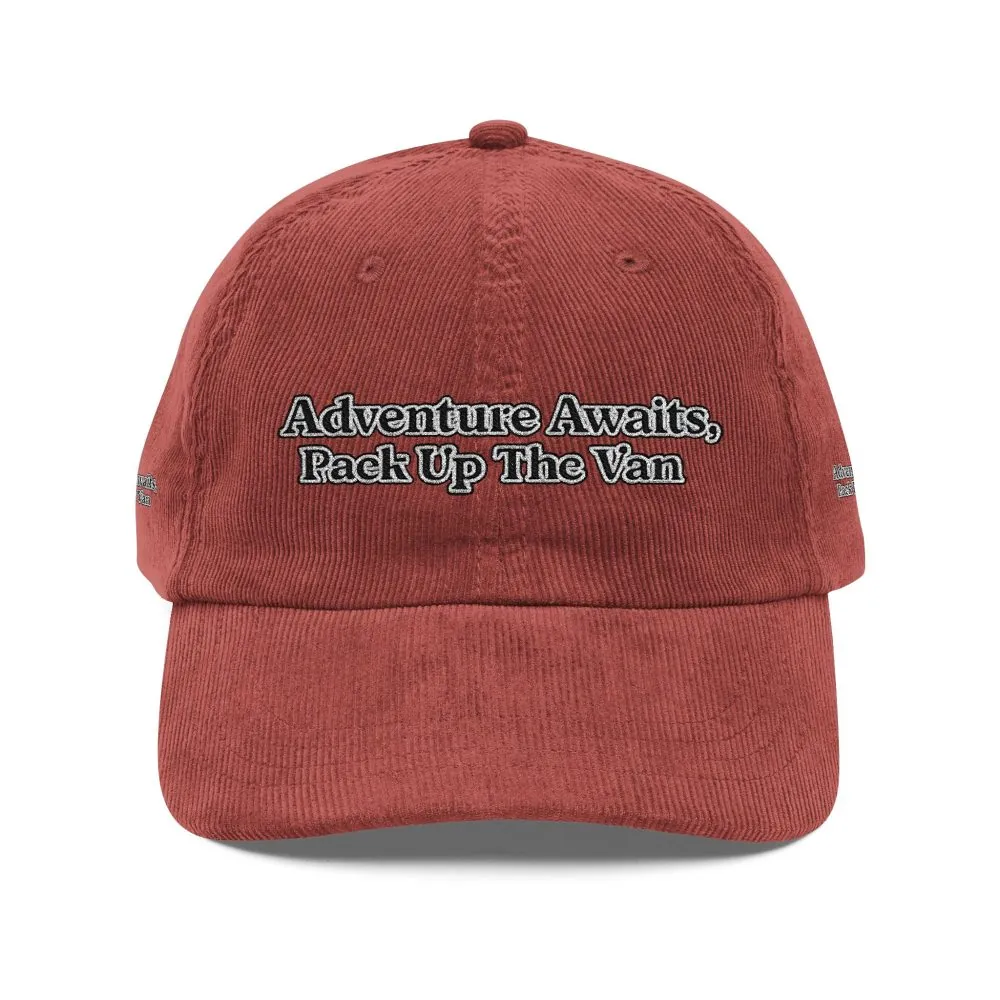 Vintage Corduroy Cap (Embroidery) — "Adventure Awaits, Pack Up The Van" Embroidered Hat
