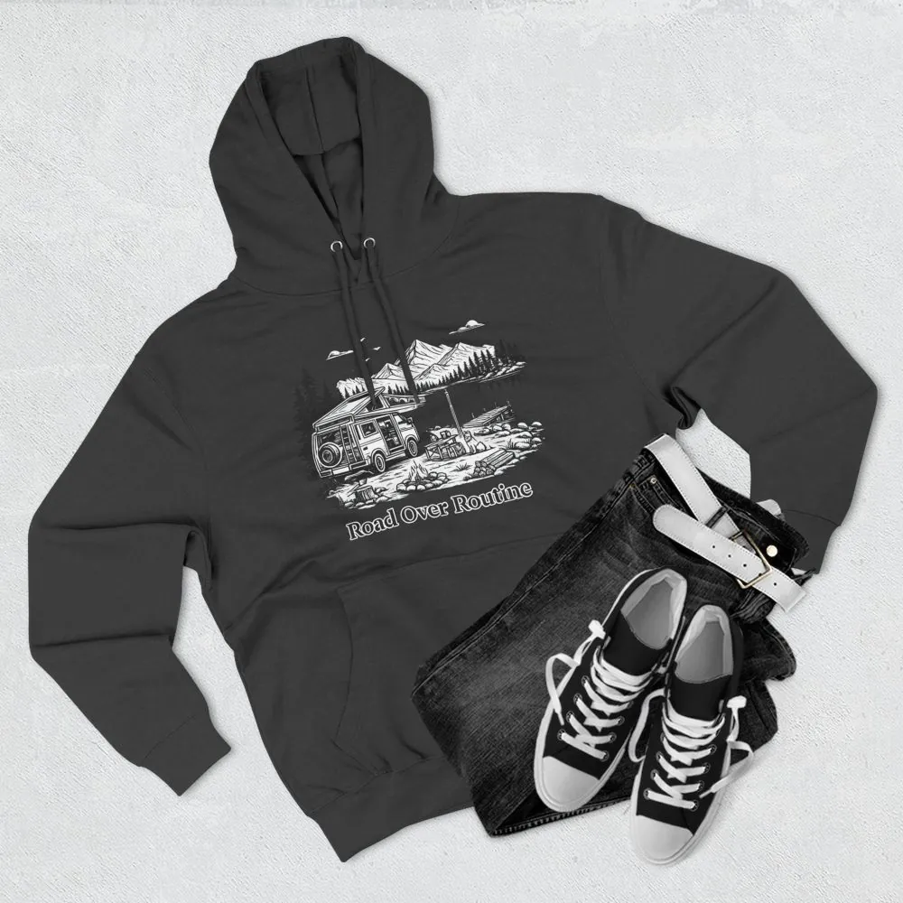 Three-Panel Fleece Hoodie - "Road Over Routine" Design Minimal-Line