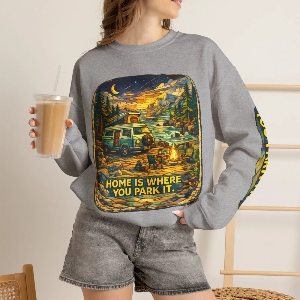 3724465581241795393_2048.jpeg Unisex Heavy Blend™ Crewneck Sweatshirt — "Home Is Where You Park It" Design Cubic-Line
