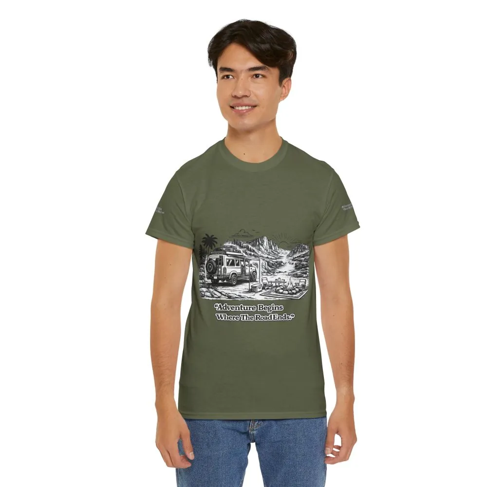 373619025691968385_2048.jpeg Unisex Heavy Cotton Tee — "Adventure Begins Where The Road Ends" Design Minimal-Line