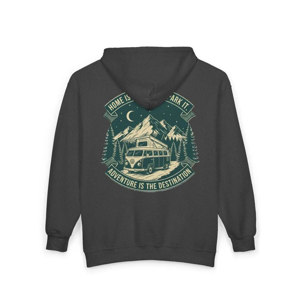 374717144299913983_2048.jpeg Zip Hoodie — "Home Is Where You Park It-Adventure is the destination"(Only Back Printed) Camper Van Adventure Zip-Up