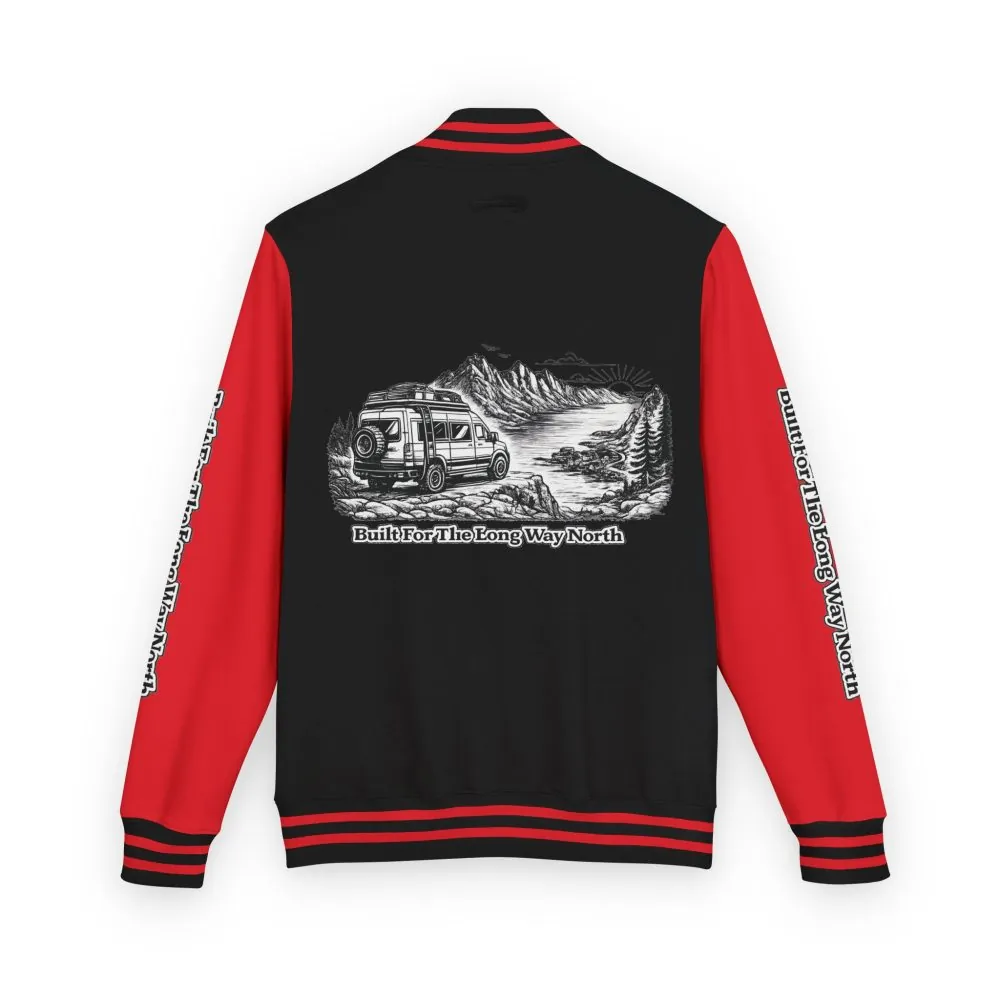 3774962763813366673_2048.jpeg Unisex Heavyweight Letterman Jacket — "Built For The Long Way North" Travel Varsity Coat