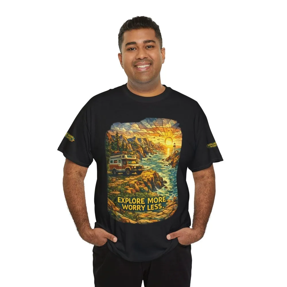 3787426925697172277_2048.jpeg Unisex Heavy Cotton Tee — "Explore More Worry Less" Design Cubic-Line