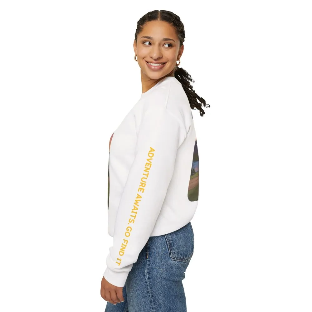 Unisex Heavy Blend™ Crewneck Sweatshirt — "Adventure Awaits-Go Find It" Design Sitcom-Line