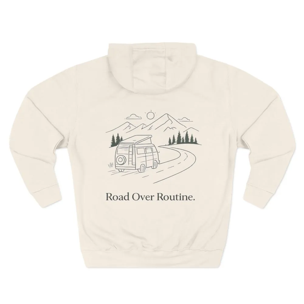 Three-Panel Fleece Hoodie - "Road Over Routine" Design Minimal-Line