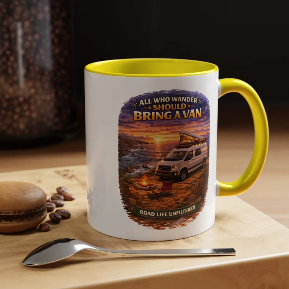 Accent Coffee Mug (11, 15oz) — "All Who wander Should Bring A Van" Design Scenic-Line