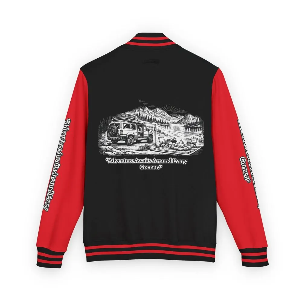 386057276448221115_2048.jpeg Unisex Heavyweight Letterman Jacket — "Adventure Awaits Around Every Corner" Travel Varsity Coat