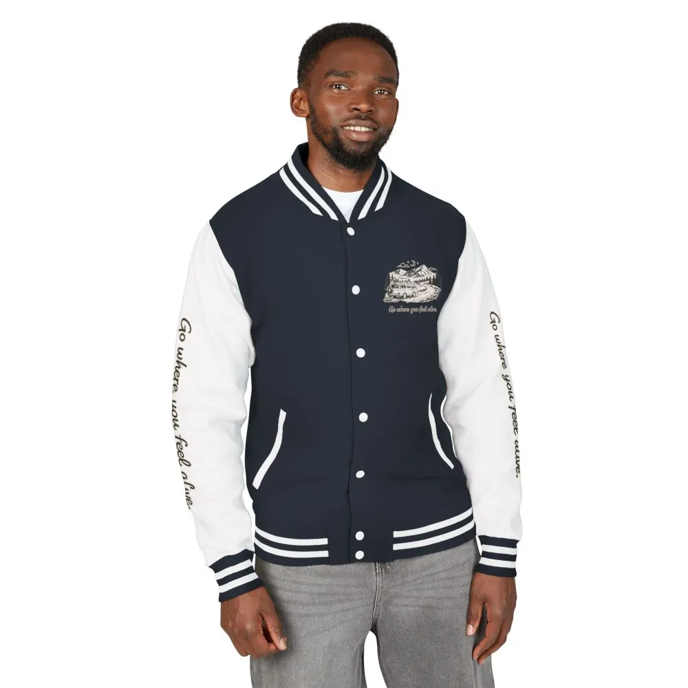 3871338829913515817_2048.jpeg Unisex Heavyweight Letterman Jacket — "Go Where You Feel Alive" Travel Varsity Coat