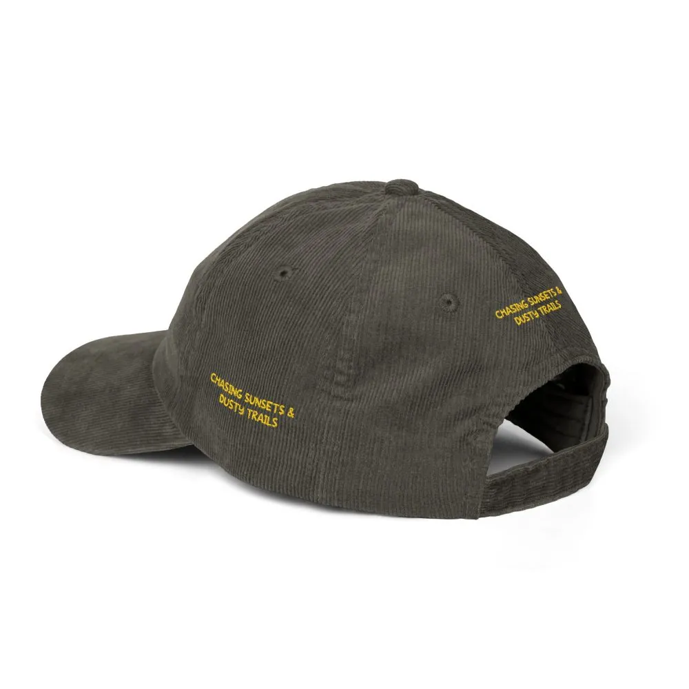 Vintage Corduroy Cap (Embroidery) — "Chasing Sunsets & Dusty Trails" Embroidered Hat