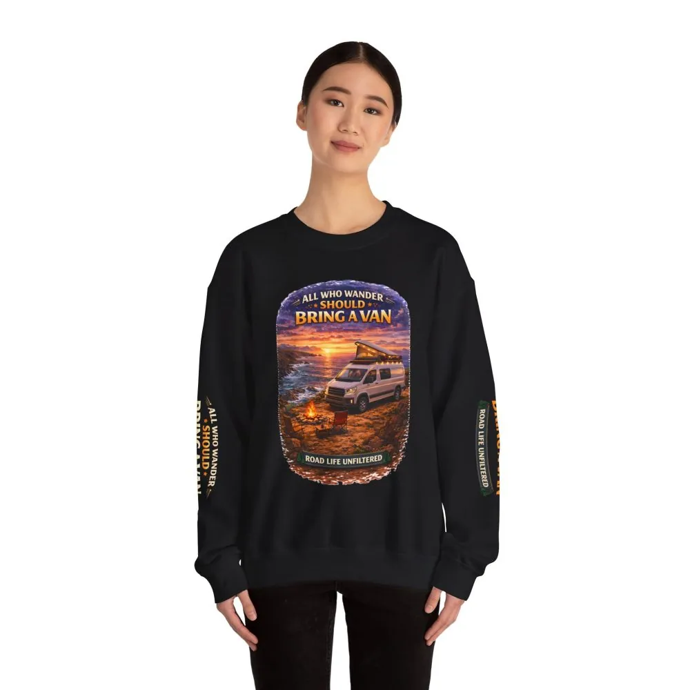 3889636274572853103_2048.jpeg Unisex Heavy Blend™ Crewneck Sweatshirt — "All Who wander Should Bring A Van" Design Scenic-Line