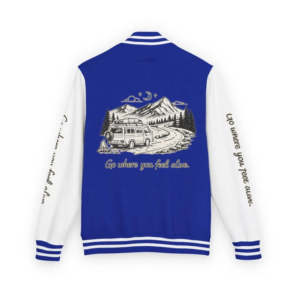 3891740780614767221_2048.jpeg Unisex Heavyweight Letterman Jacket — "Go Where You Feel Alive" Travel Varsity Coat