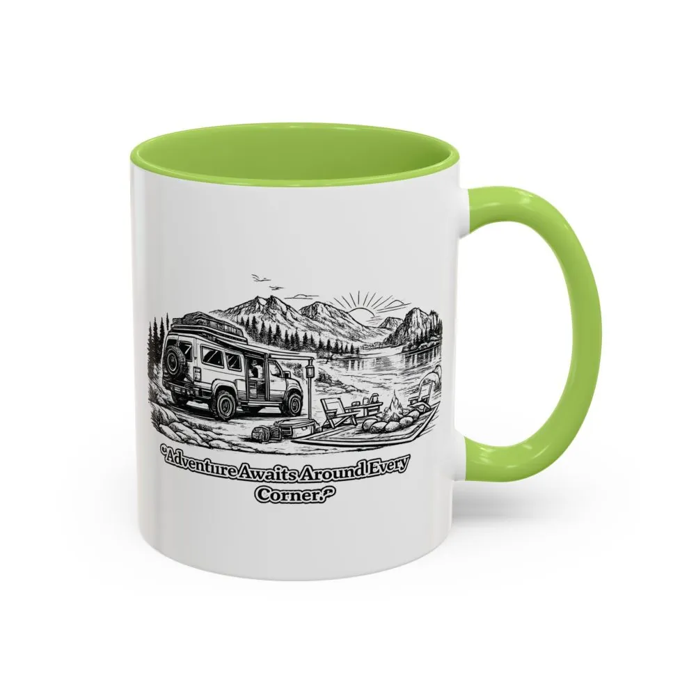 3907134919483807055_2048.jpeg Accent Coffee Mug (11, 15oz) — "Adventure Awaits Around Every Corner" Design Minimal-Line