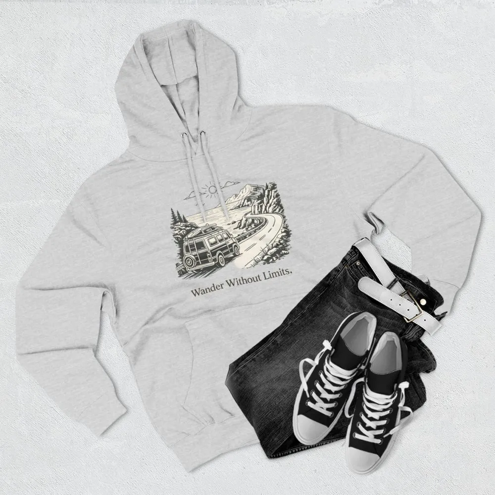 Three-Panel Fleece Hoodie - "Wander Without Limits" Design Minimal-Line