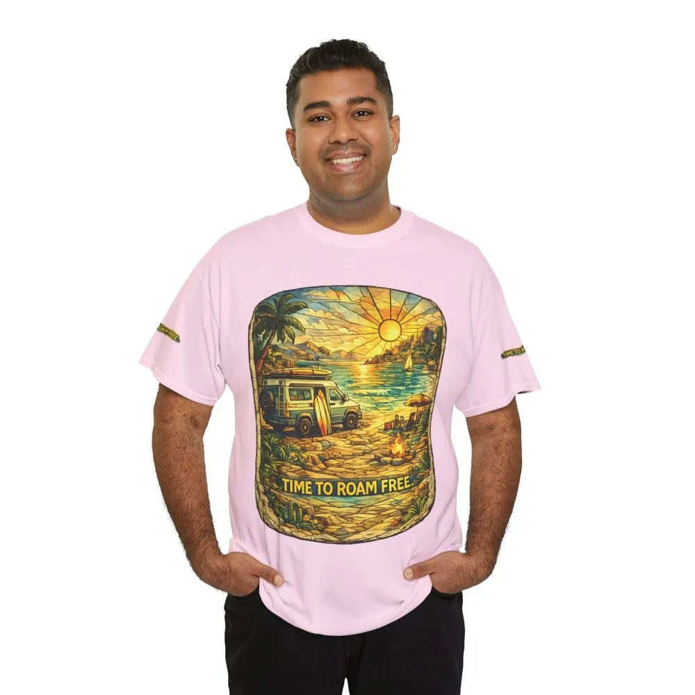 Unisex Heavy Cotton Tee — "Time To Roam Free" Design Cubic-Line