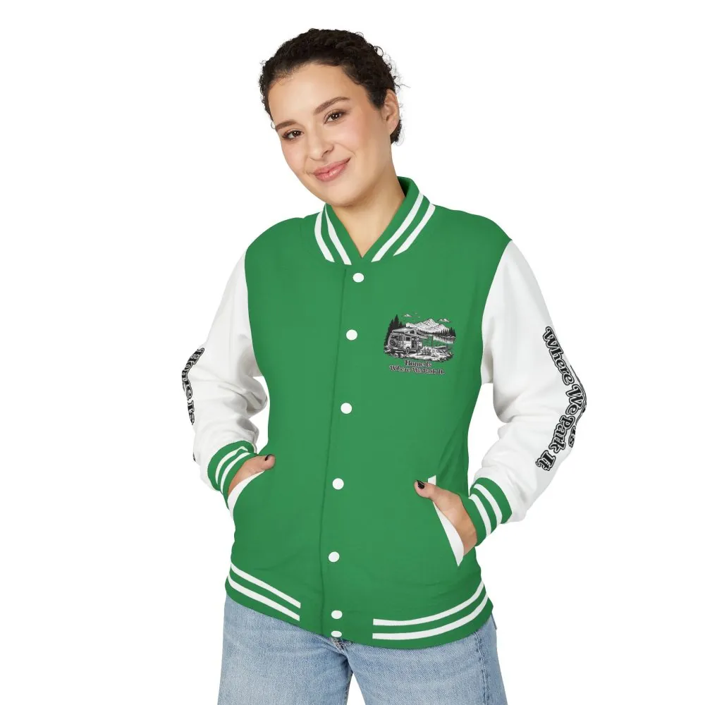 3971939386271036862_2048.jpeg Unisex Heavyweight Letterman Jacket — "Home Is Where You Park It" Travel Varsity Coat