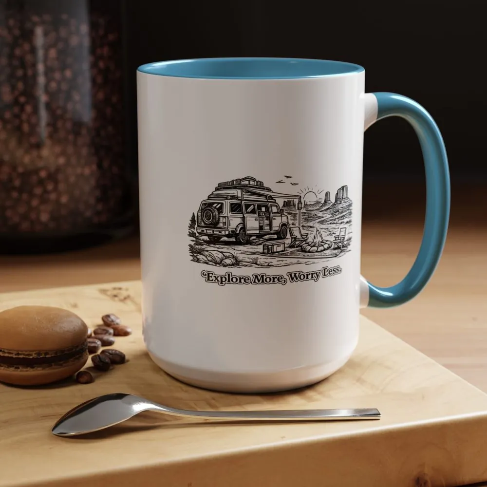 Accent Coffee Mug (11, 15oz) — "Explore More Worry Less" Design Minimal-Line