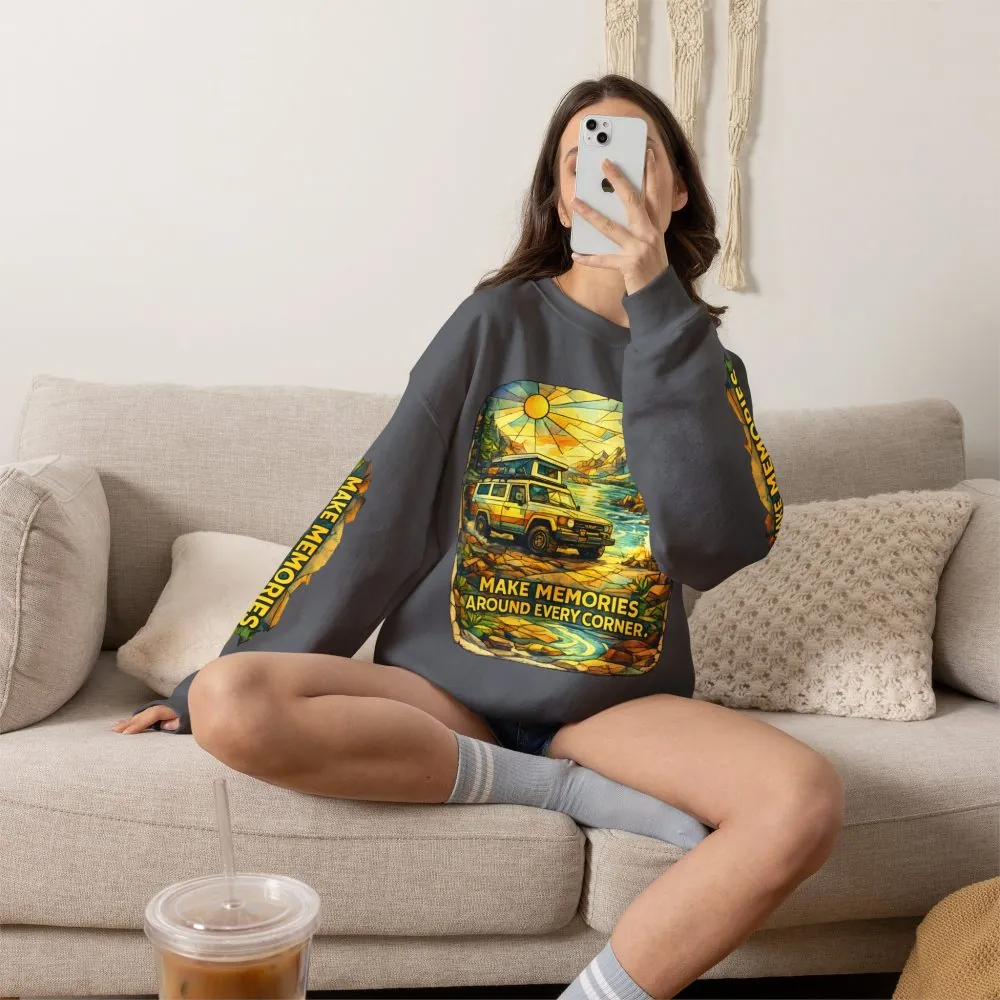Unisex Heavy Blend™ Crewneck Sweatshirt — "Make Memories Around Every Corner" Design Cubic-Line
