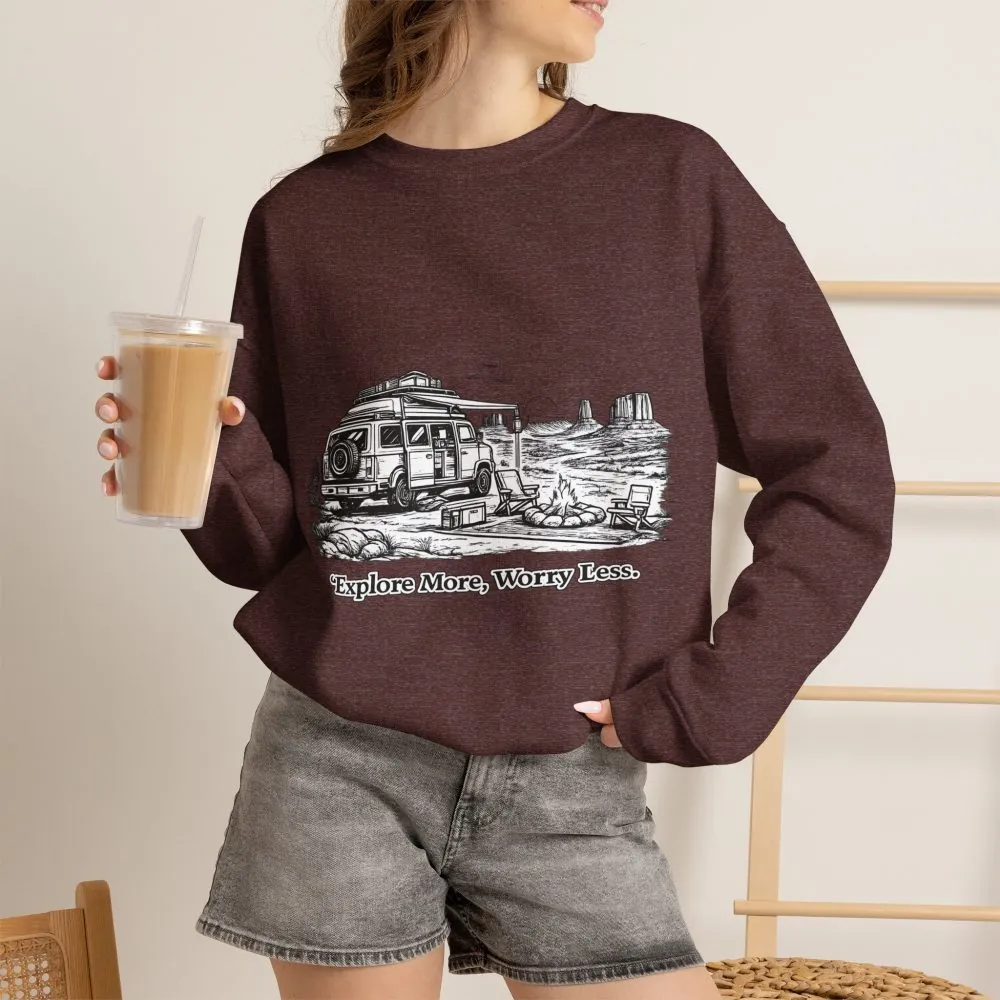 3990212015966123598_2048.jpeg Unisex Heavy Blend™ Crewneck Sweatshirt — "Explore More Worry Less" Design Minimal-Line