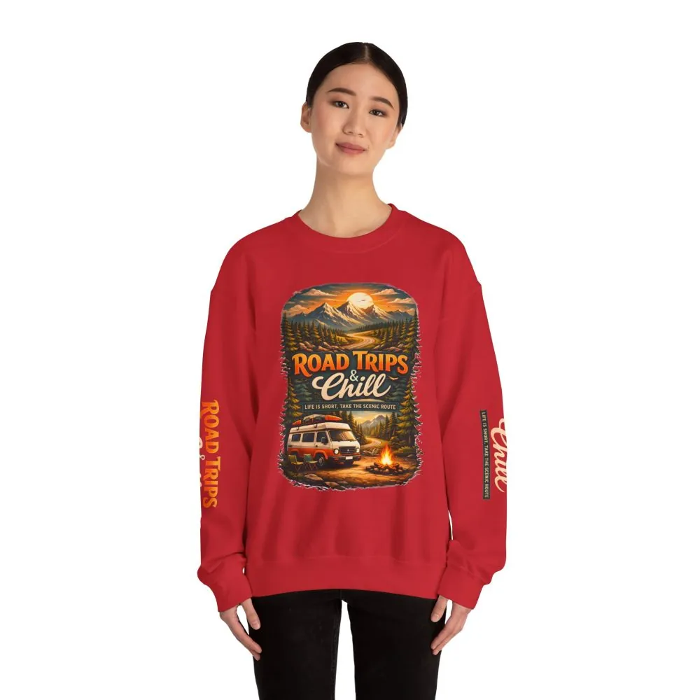 Unisex Heavy Blend™ Crewneck Sweatshirt — "Road Trips & Chill" Design Scenic-Line
