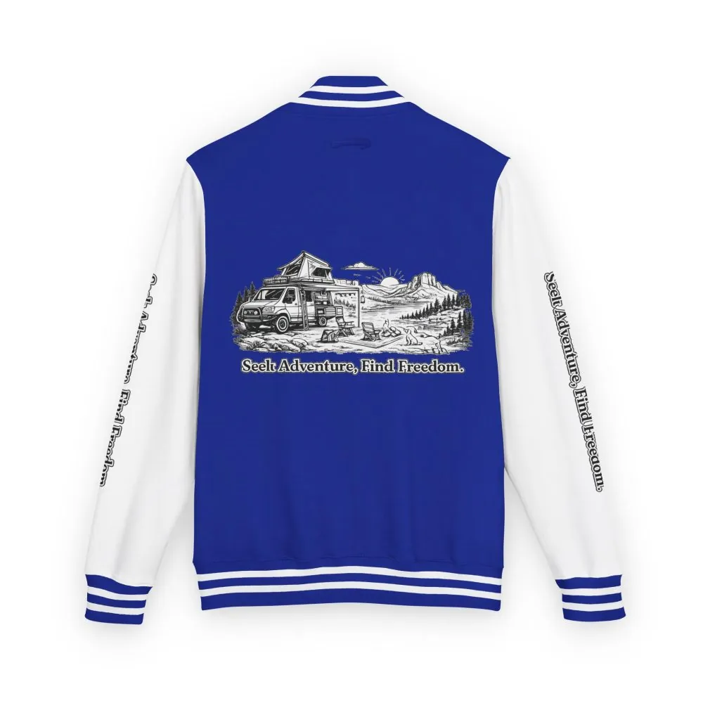 Unisex Heavyweight Letterman Jacket — "Seek Adventure, Find Freedom" Travel Varsity Coat