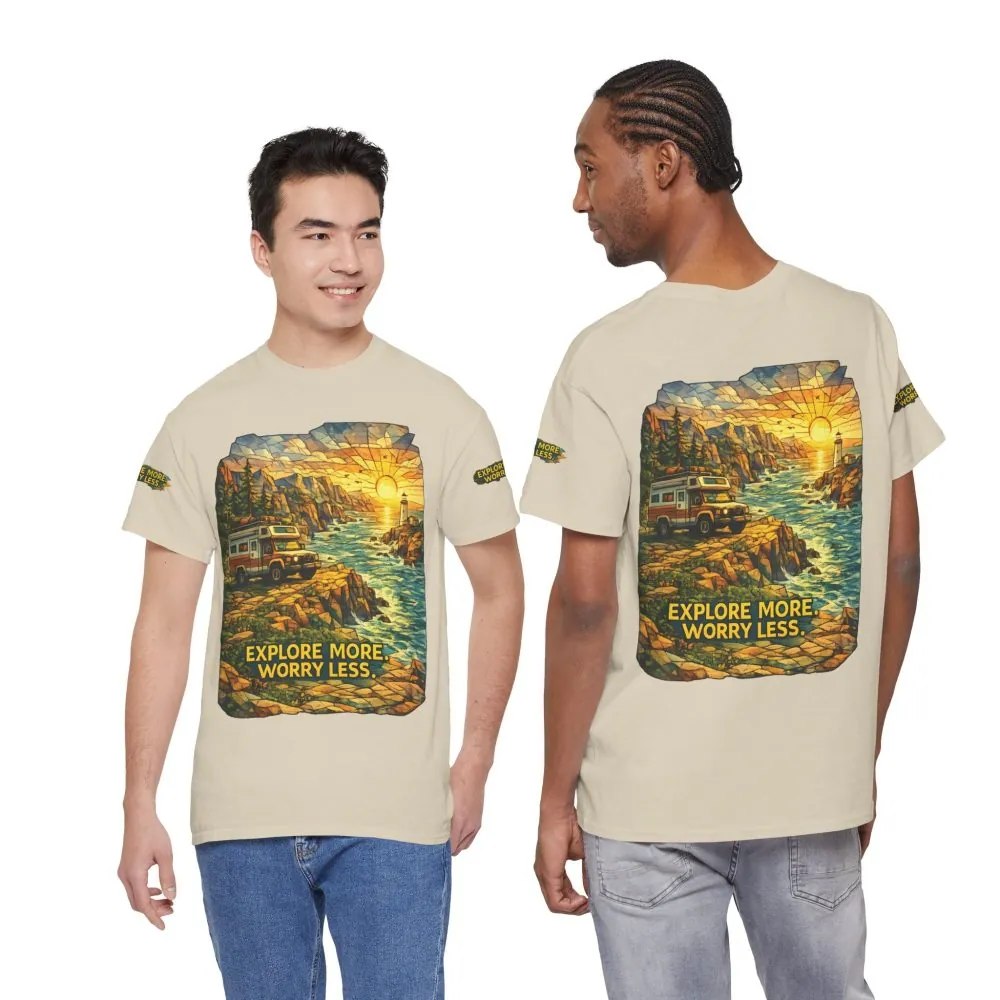 4025024164407225596_2048.jpeg Unisex Heavy Cotton Tee — "Explore More Worry Less" Design Cubic-Line