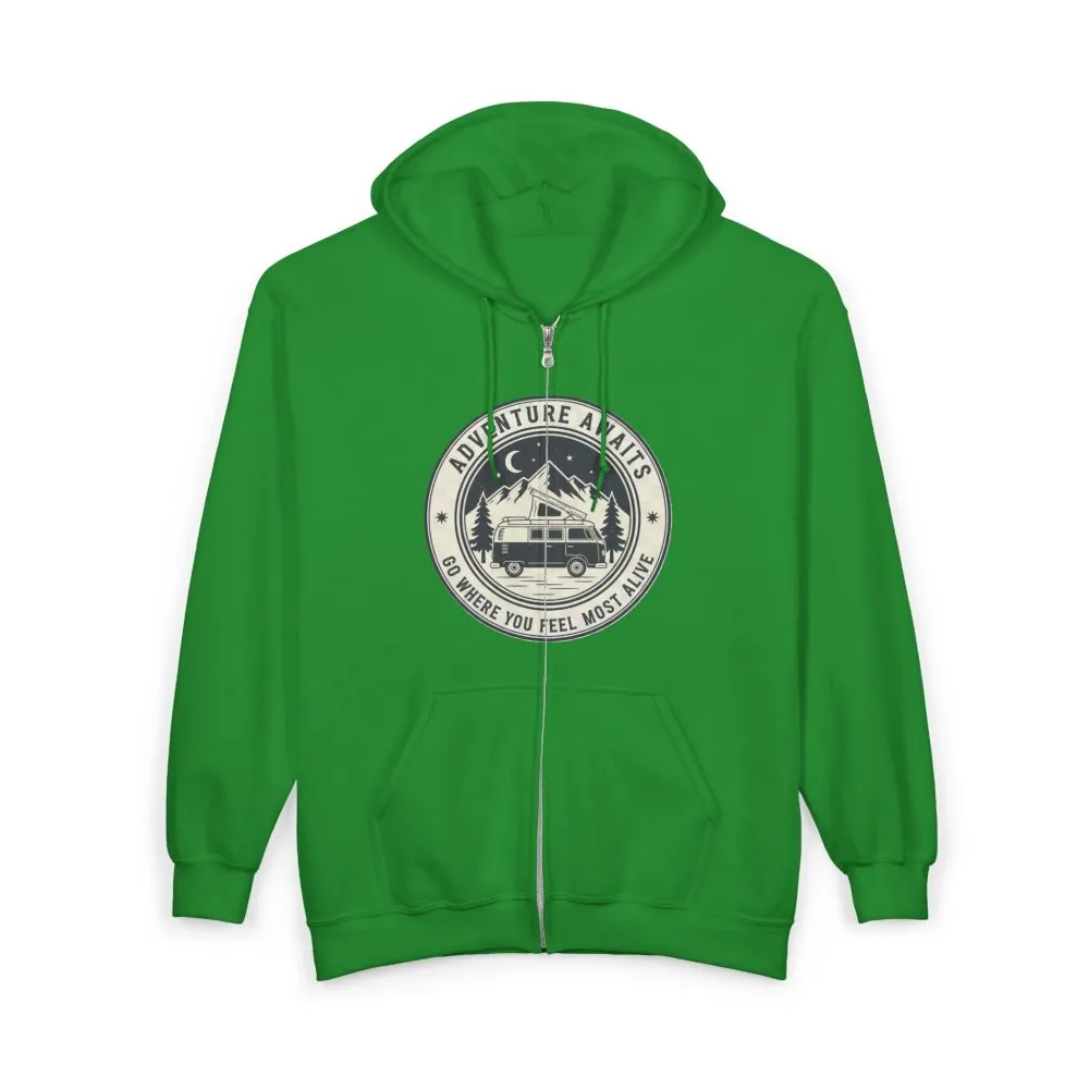 404066057063012433_2048.jpeg Zip Hoodie — "Adventure Awaits-Go Where You Feel Most Alive" (Only Front Printed) Camper Van Adventure Zip-Up