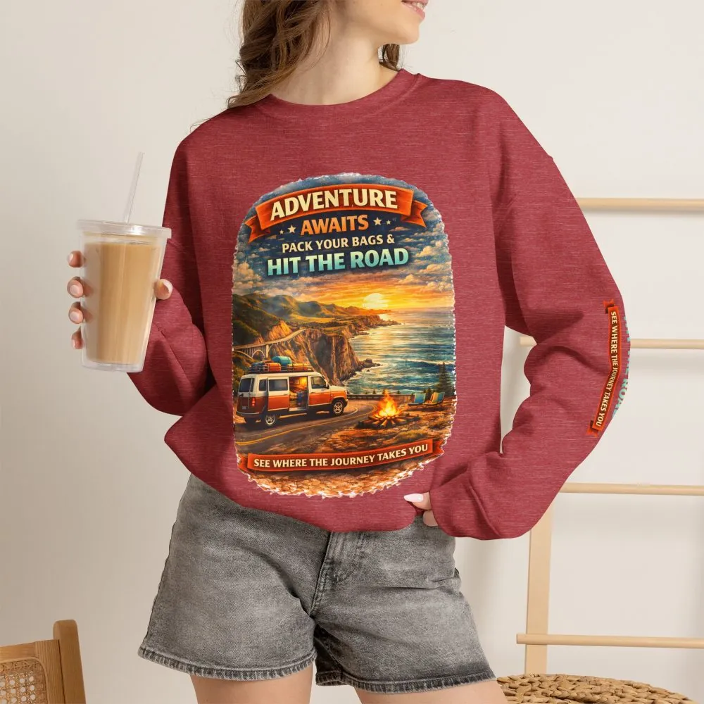 Unisex Heavy Blend™ Crewneck Sweatshirt — "Adventure Awaits-Pack Your Bags" Design Scenic-Line