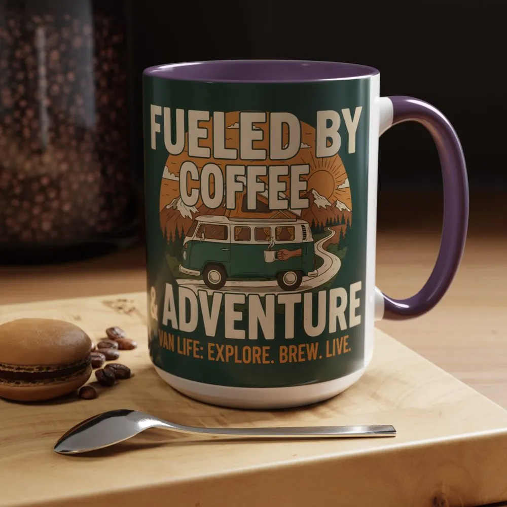 Accent Coffee Mug (11, 15oz) — "Fueled by Coffee & Adventure"