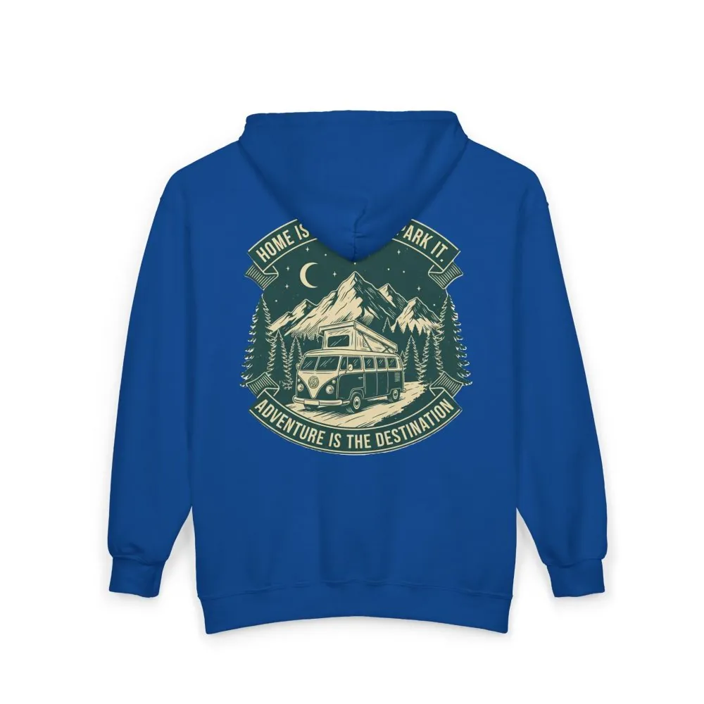 4088232326805591470_2048.jpeg Zip Hoodie — "Home Is Where You Park It-Adventure is the destination"(Only Back Printed) Camper Van Adventure Zip-Up