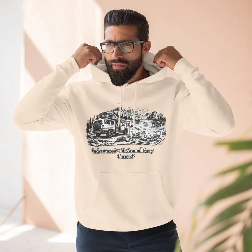 4105959501639869802_2048.jpeg Three-Panel Fleece Hoodie - "Adventure Awaits Around Every Corner" Design Minimal-Line